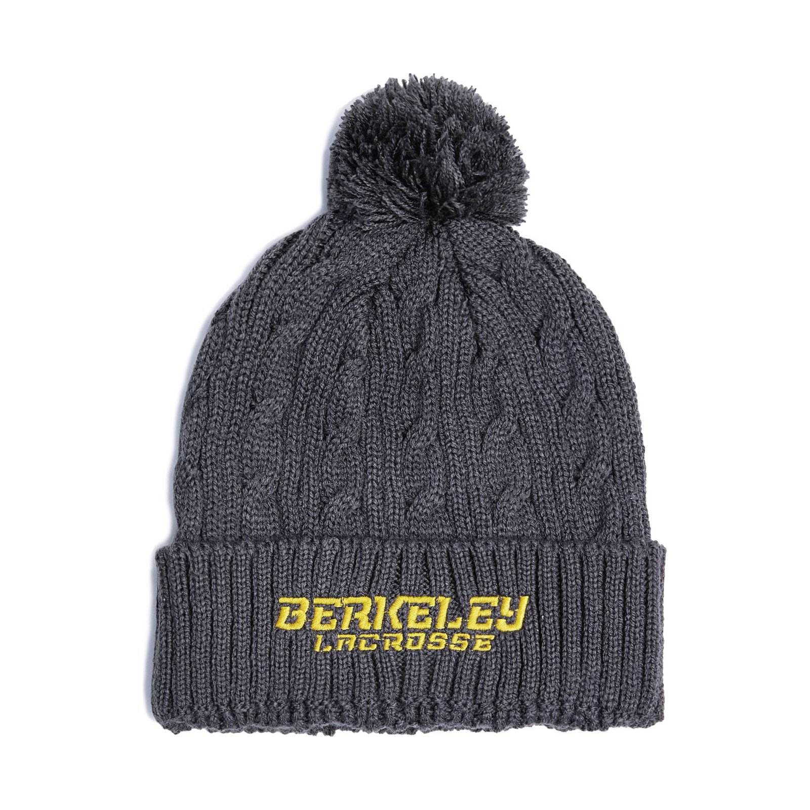 Cuffed cable knit pom beanie with embroidered team name