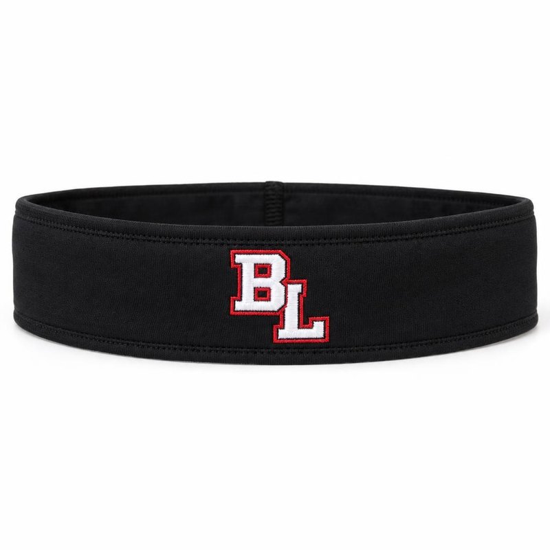Black athletic headband with an embroidered team logo