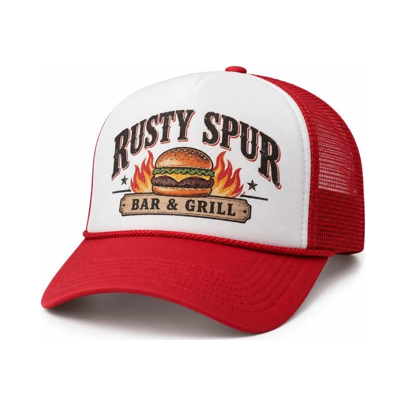 Foam trucker cap printed with a bar and grill logo