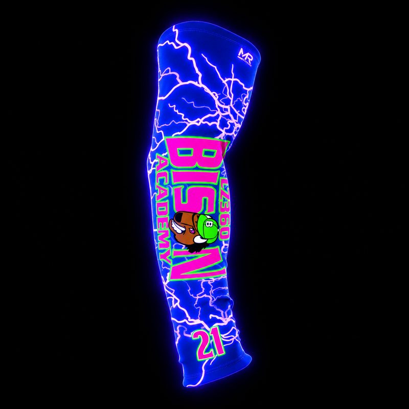 UV-reactive arm sleeve glowing under black light