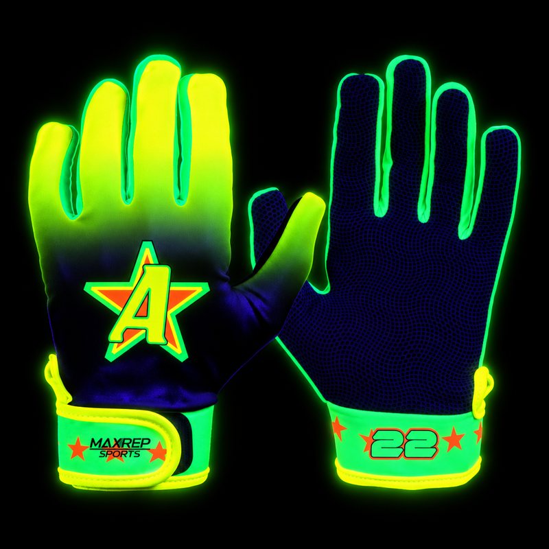 UV-reactive batting gloves glowing under black light