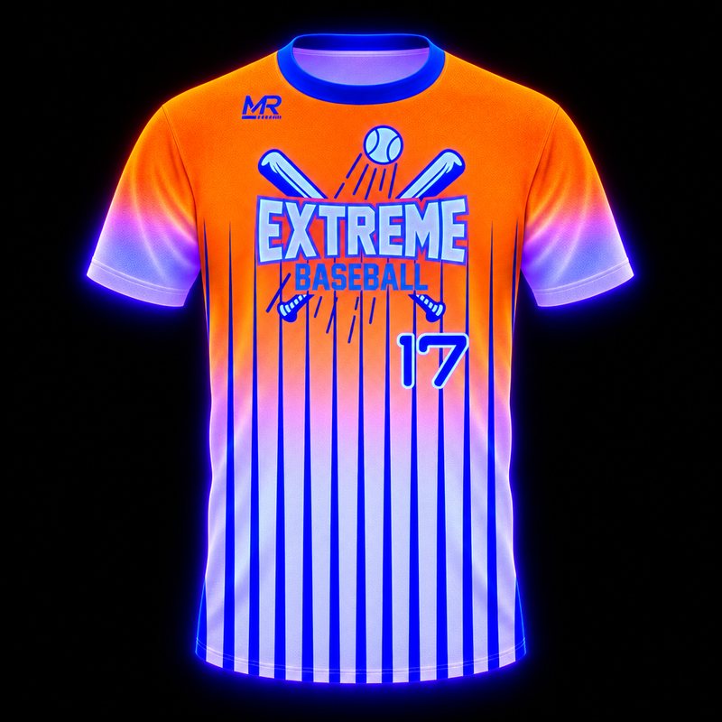 UV-reactive baseball jersey glowing under black light