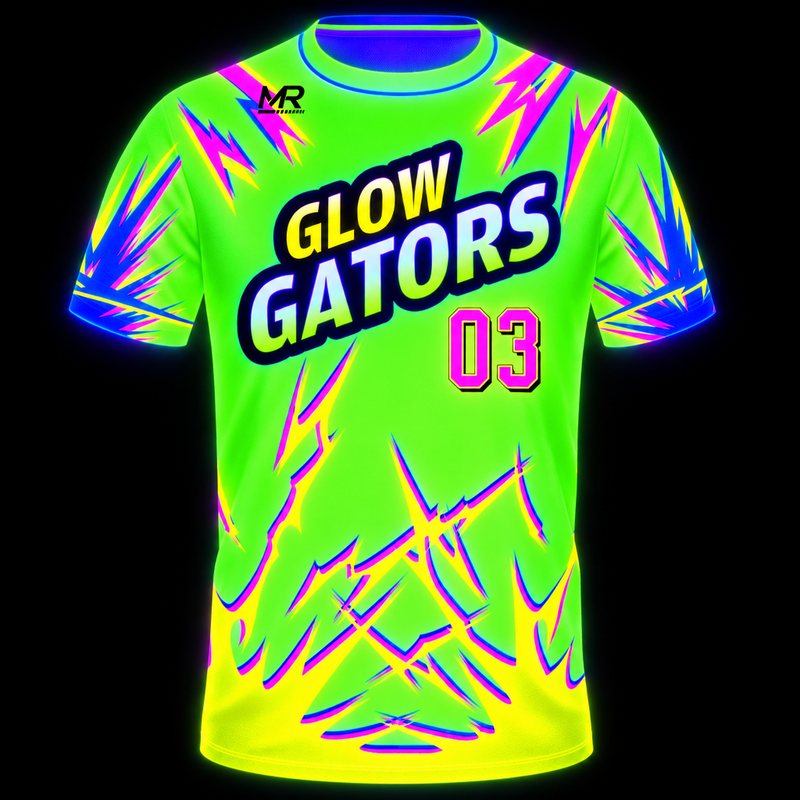 UV-reactive baseball jersey glowing under black light