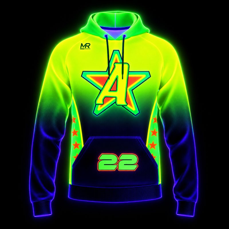 UV-reactive hoodie glowing under black light