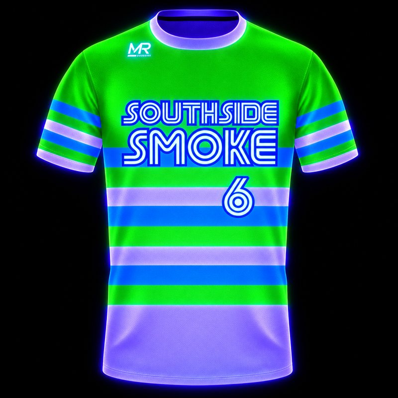 UV-reactive baseball jersey glowing under black light