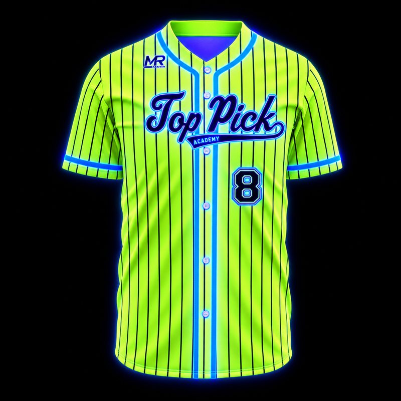 UV-reactive button-front baseball jersey glowing under black light