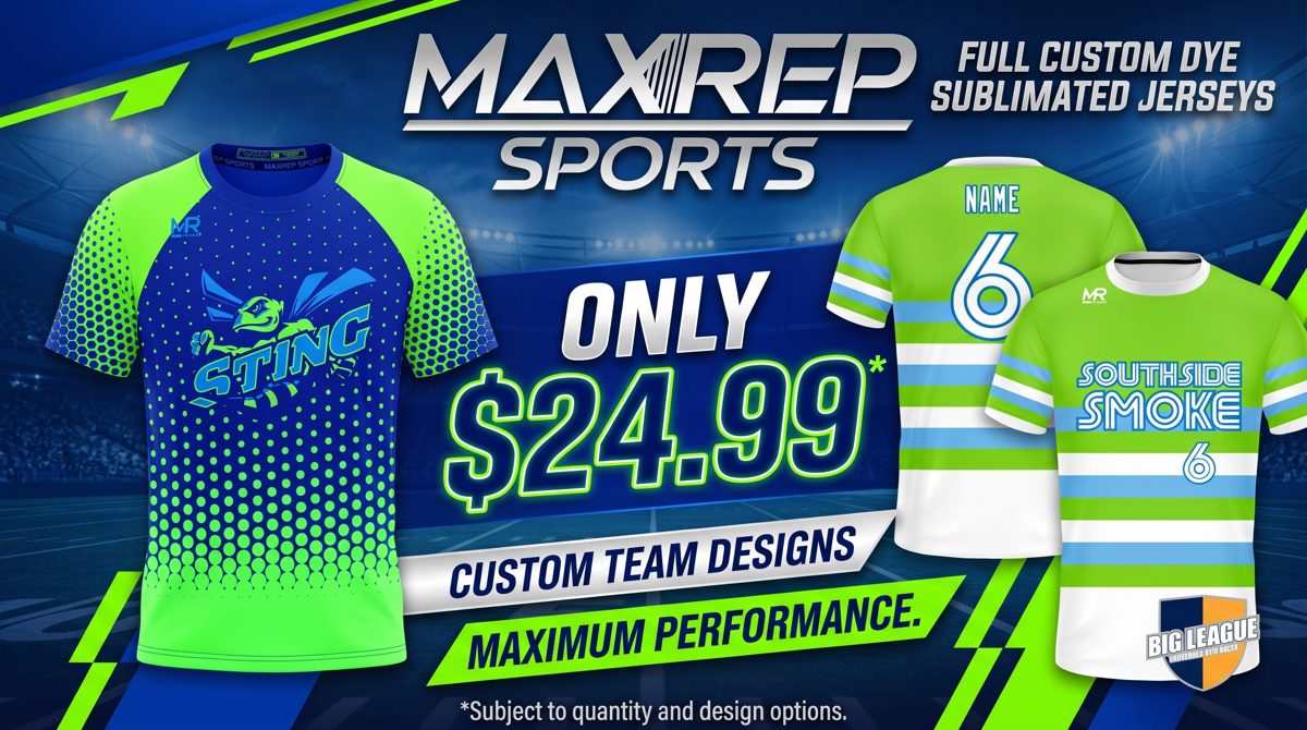 MaxRep Sports full custom dye sublimated jerseys, only $24.99. Custom team designs, maximum performance.