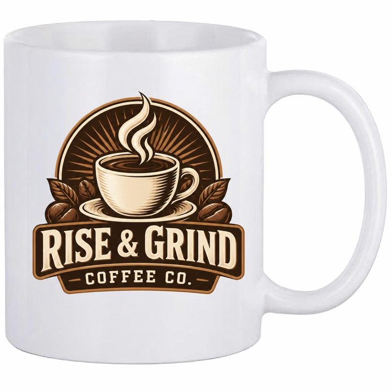 Rise & Grind Coffee Co. logo on a white ceramic mug