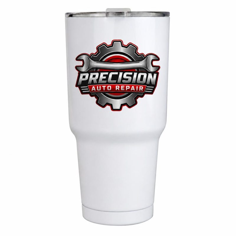 Precision Auto Repair logo on a white tumbler