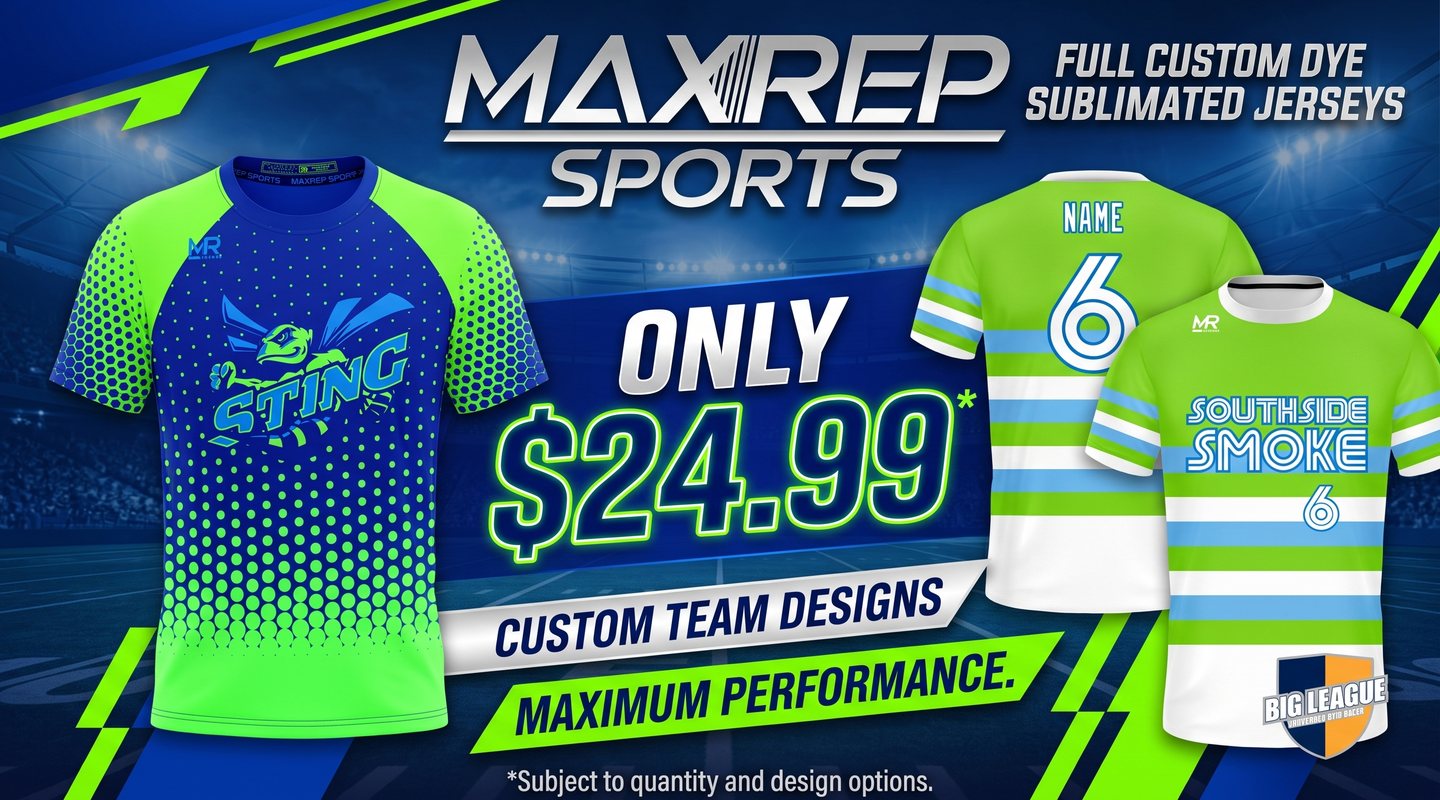 MaxRep Sports full custom dye sublimated jerseys, only $24.99. Subject to quantity and design options.
