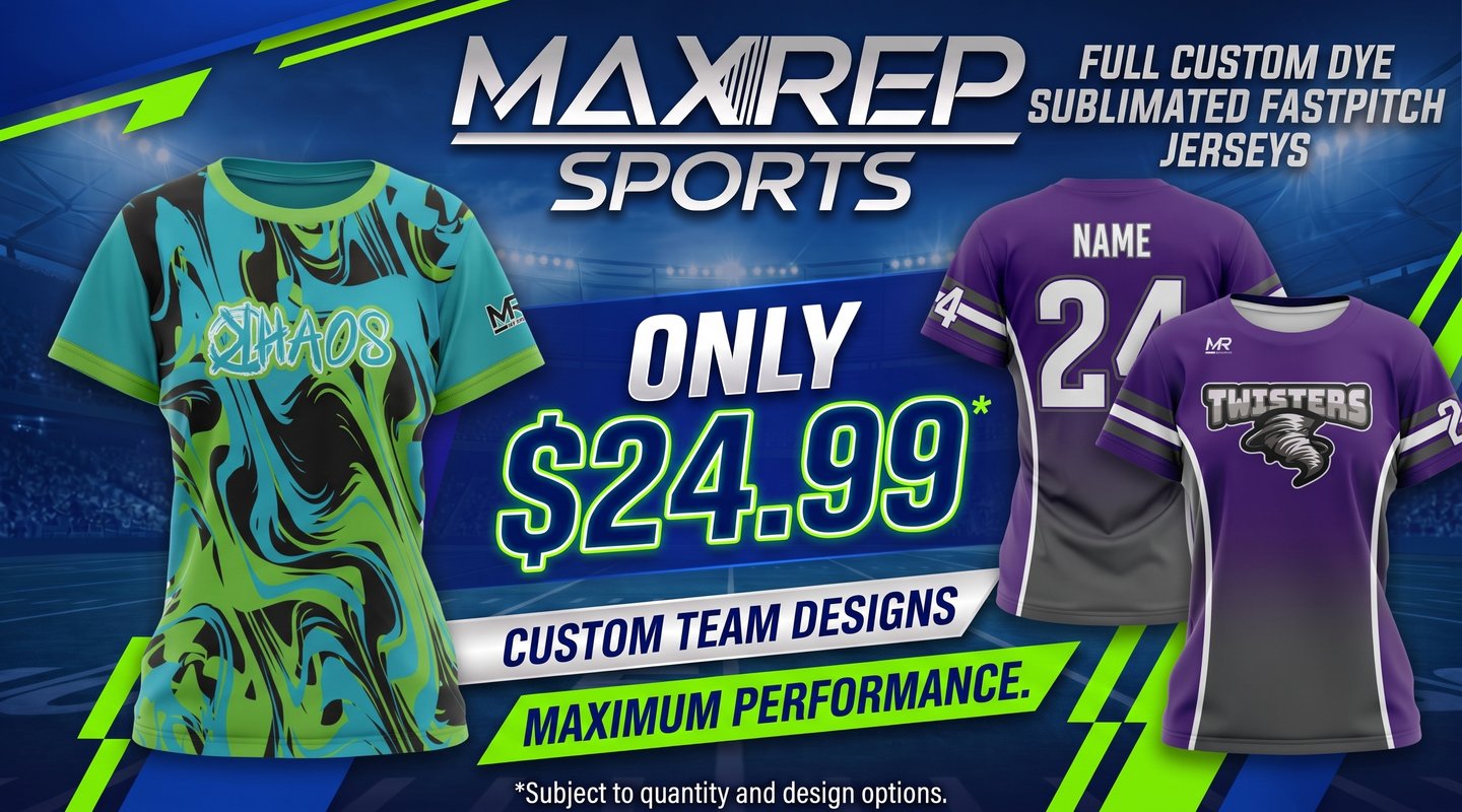 MaxRep Sports full custom dye sublimated fastpitch jerseys, only $24.99. Subject to quantity and design options.