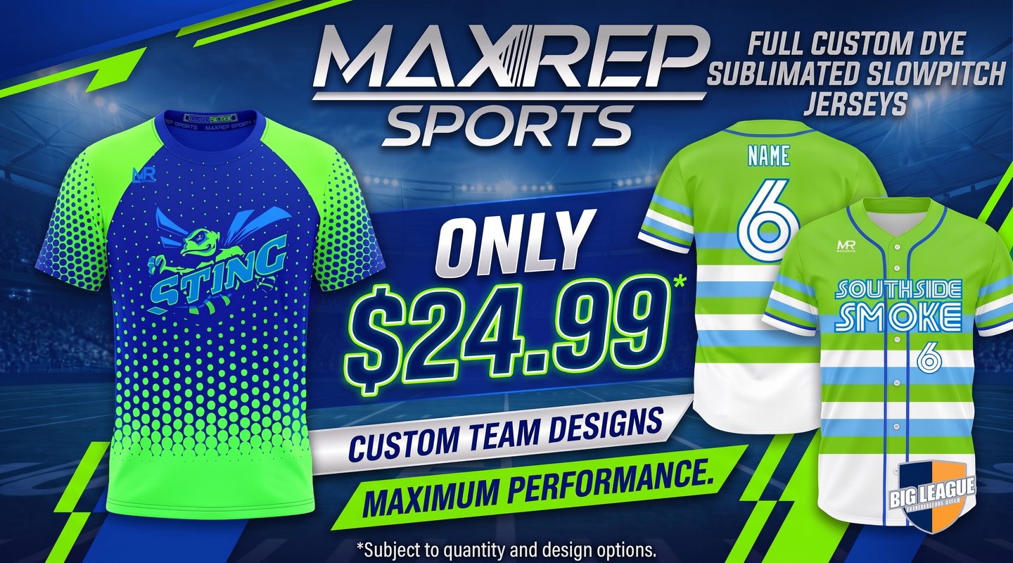 MaxRep Sports full custom dye sublimated slowpitch jerseys, only $24.99. Subject to quantity and design options.